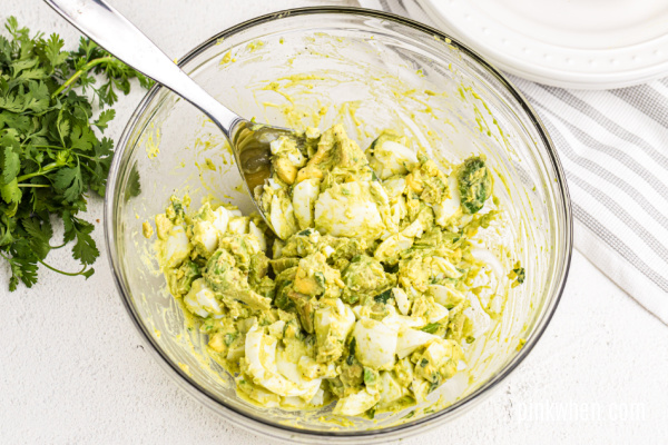 Avocado Egg Salad in a bowl and ready to serve. 