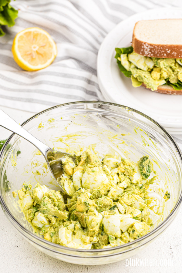 Avocado Egg salad in a bowl ready to serve.