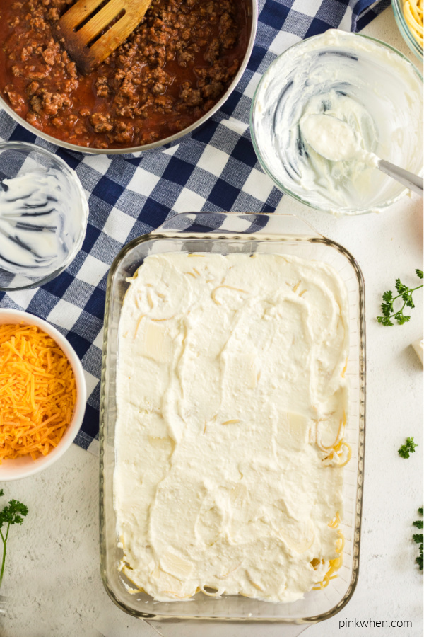 Layer of cheese for baked spaghetti. 