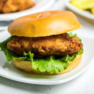 Chick Fil A Sandwich copycat on a white plate and ready to eat.