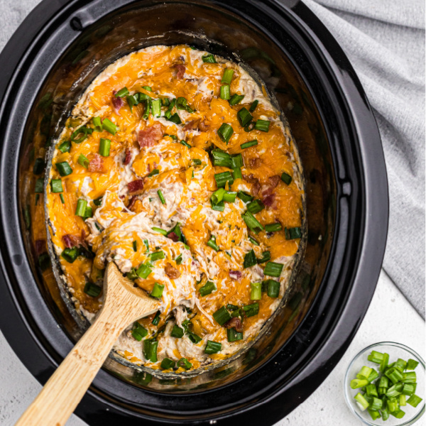 Slow Cooker Crack Chicken in a crockpot with a side of green onion tops.