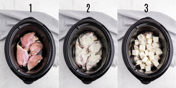 steps for cooking crack chicken in the slow cooker. 