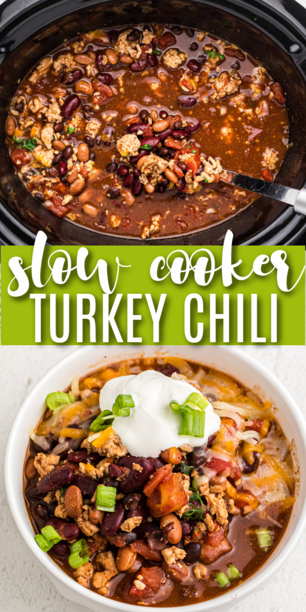FAMILY FAVORITE! This Healthy Slow Cooker Turkey Chili is a delicious and hearty meal that is packed full of protein. Made with lean ground turkey, 3 different beans, and the perfect blend of seasonings. You won't believe how fast this Crockpot Turkey Chili disappears! We even share how to meal prep this dish for the freezer. It's an easy recipe the whole family loves.