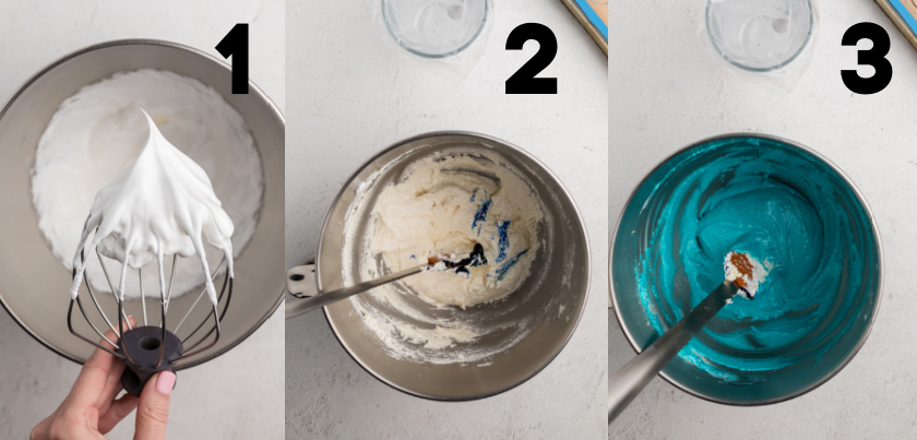 Collage of photos showing steps to make and color macaronage.