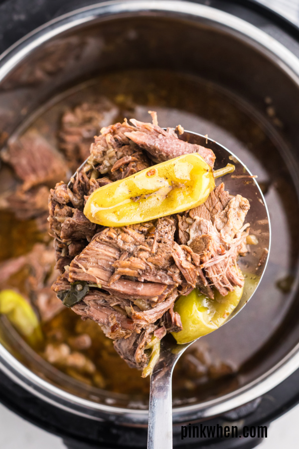 Scoop of Mississippi Pot Roast from the Instant Pot.
