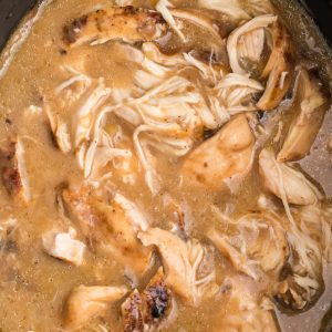 Shredded Chicken with gravy in the liner of a slow cooker.