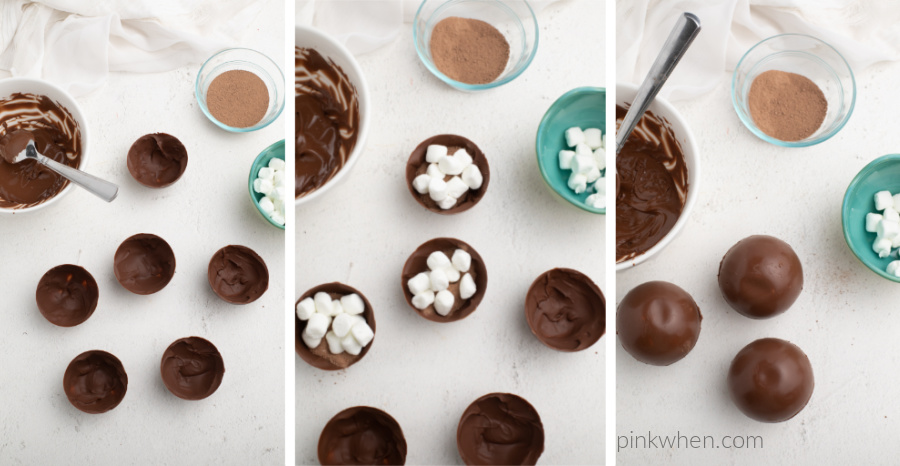 Final steps to make a hot chocolate bombs. Remove the shells from the silicone mold, add the hot chocolate and marshmallows, and then cover with the top of the chocolate pieces. 