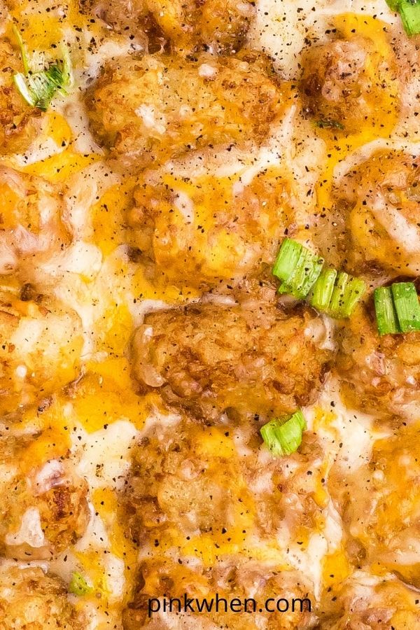 Close up of cheese and tater tots casserole.