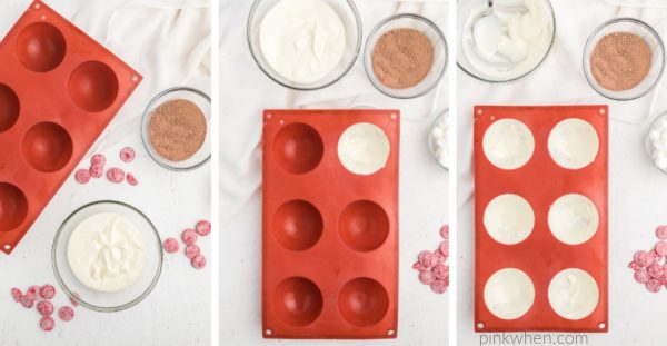 Collage of photos showing the steps of making the Valentine hot cocoa bombs. Melted chocolate in a bowl, and spheres of the chocolate mold covered with white melted chocolate.