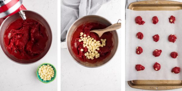 collage of photos with steps to make red velvet cake mix cookies.