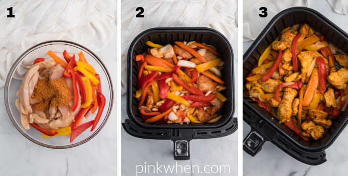 Chicken and vegetables in a bowl with seasoning, chicken and vegetables seasoned and readt to cook in the air fryer basket, cooked chicken fajitas in the air fryer basket. 