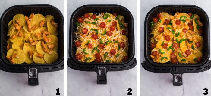 Collage of photos showing the steps to creating this Air Fryer Nachos recipe - 1st photo with chips in the bottom of the air fryer basket and topped with chicken - 2nd photo with chips topped with chicken, shredded cheese, sliced cherry tomatoes, and sliced jalapenos - 3rd photo show the Air Fryer nachos fully cooked with melted cheese on top. 