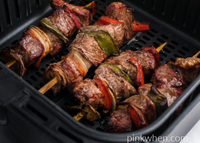 Air Fried Beef Kabobs in the basket of the Air Fryer. 