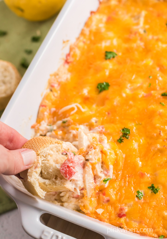 Cheesy Hot Crab Dip in a casserole dish being scooped on a piece of bread. 
