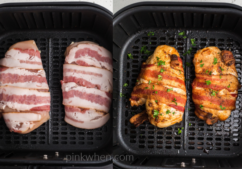 Air Fryer Bacon Wrapped Chicken Breast in the air fryer basket. Collage of photos showing the before and after. 