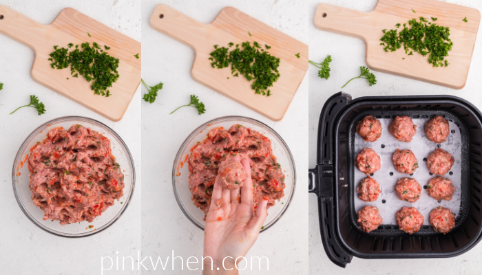 Process shots on how to make turkey meatballs and place them in the air fryer basket for cooking.