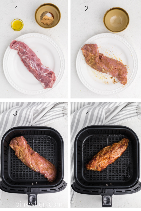 Collage of photos showing the process of how to make pork tenderloin in the air fryer. 