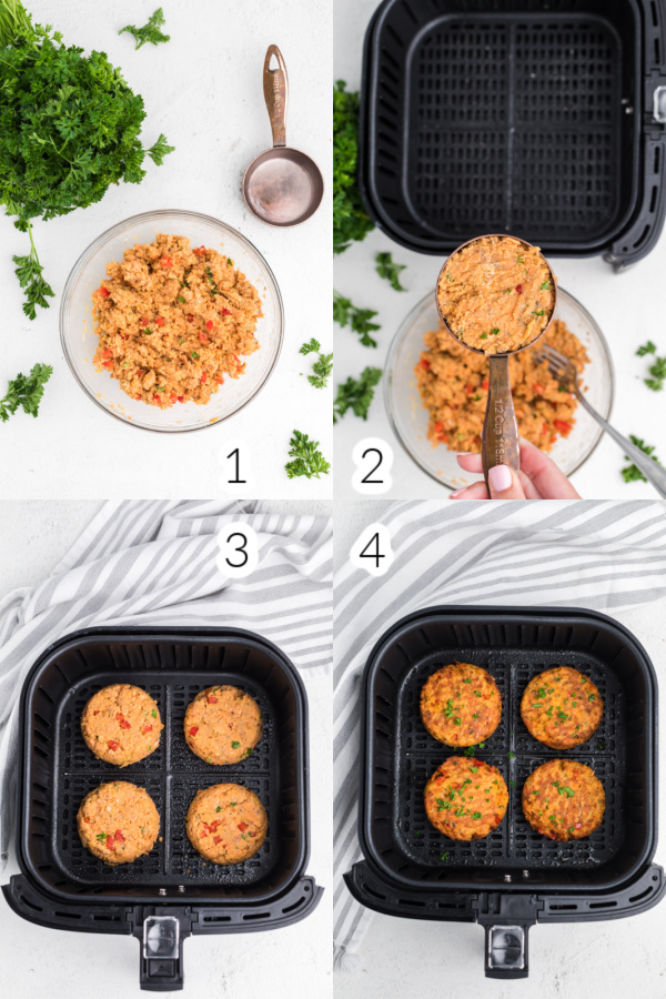 Steps to make salmon patties in the air fryer. 