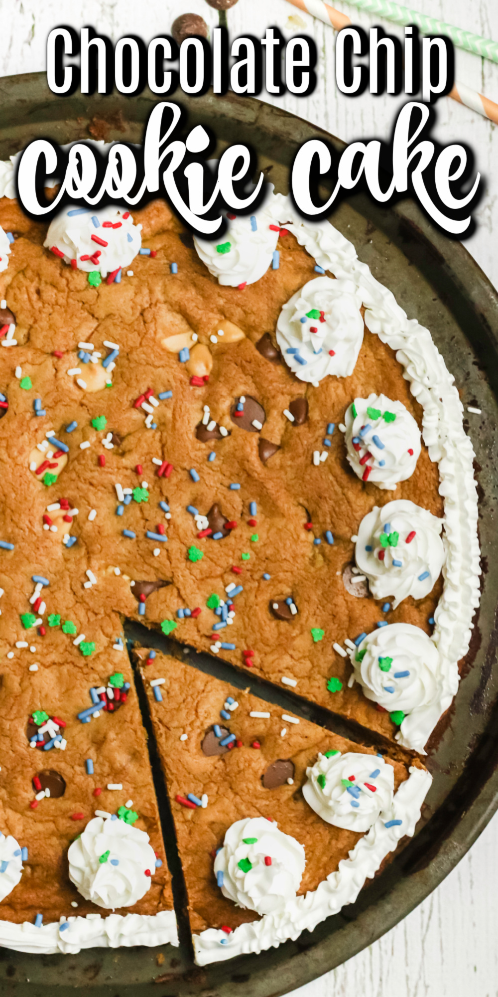 This homemade chocolate chip cookie cake is a fun and delicious dessert. Made with flour, sugar, butter, eggs, and more - it's one of my families' favorite requested birthday cakes. If you're looking for a fun and unique birthday cake, grab the recipe for this homemade cookie cake.