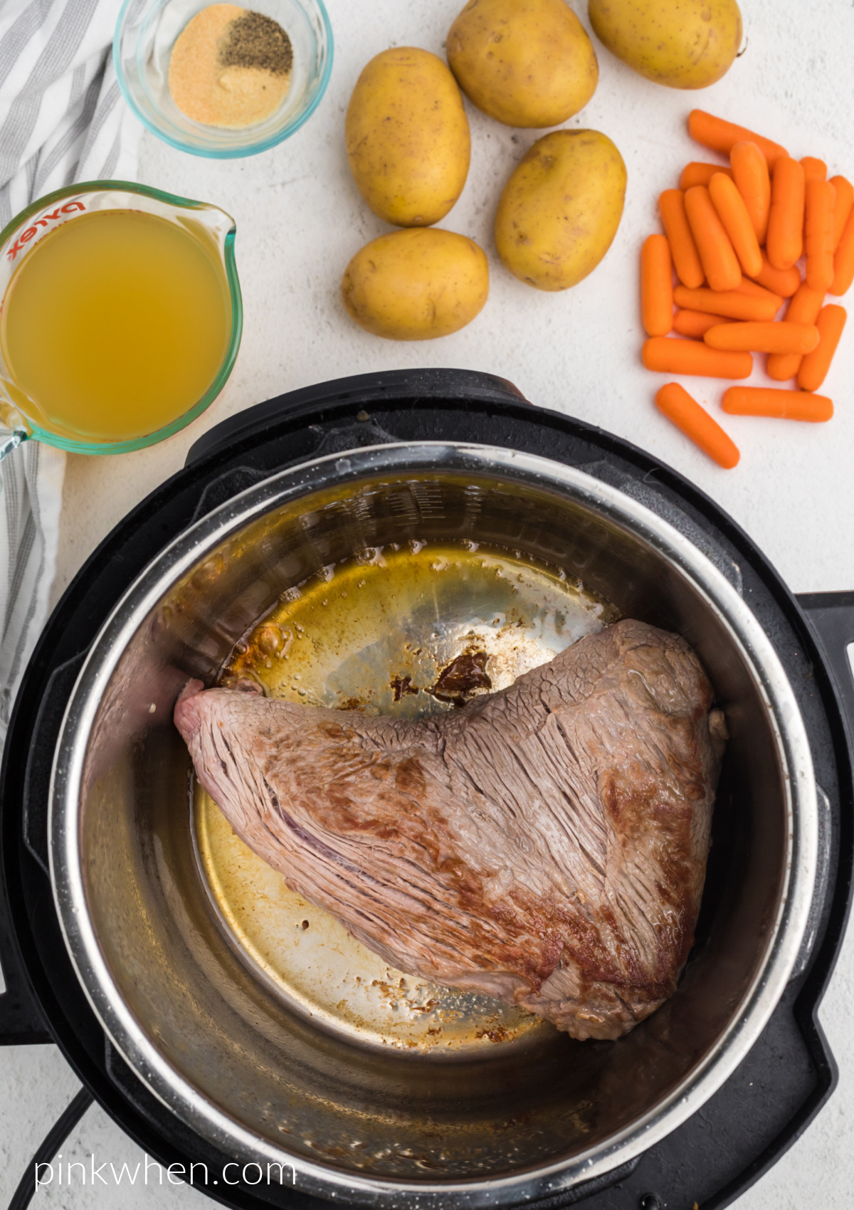 Tri Tip sautéed in the Instant Pot with ingredients needed to make the meal complete.  