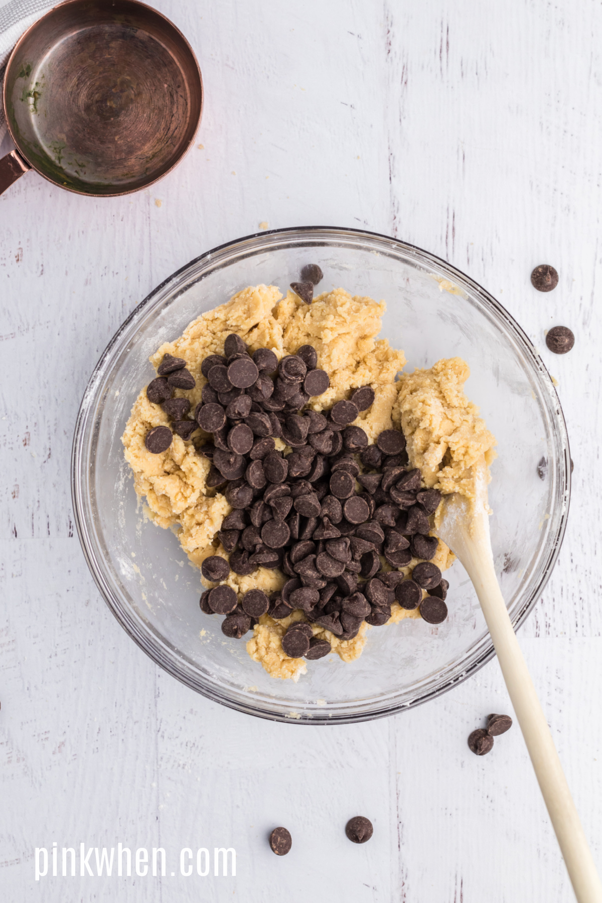 Chocolate chips added to the cookie dough.