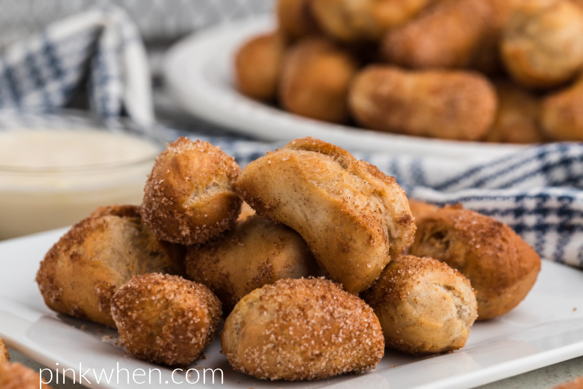 Air Fryer Cinnamon Sugar Pretzel Bites on a white plate and ready to serve.