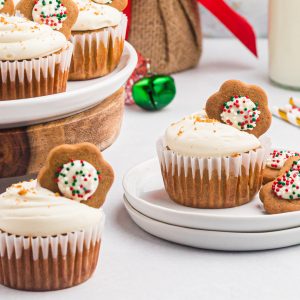 Gingerbread cupcakes with cream cheese frosting, ready to eat.