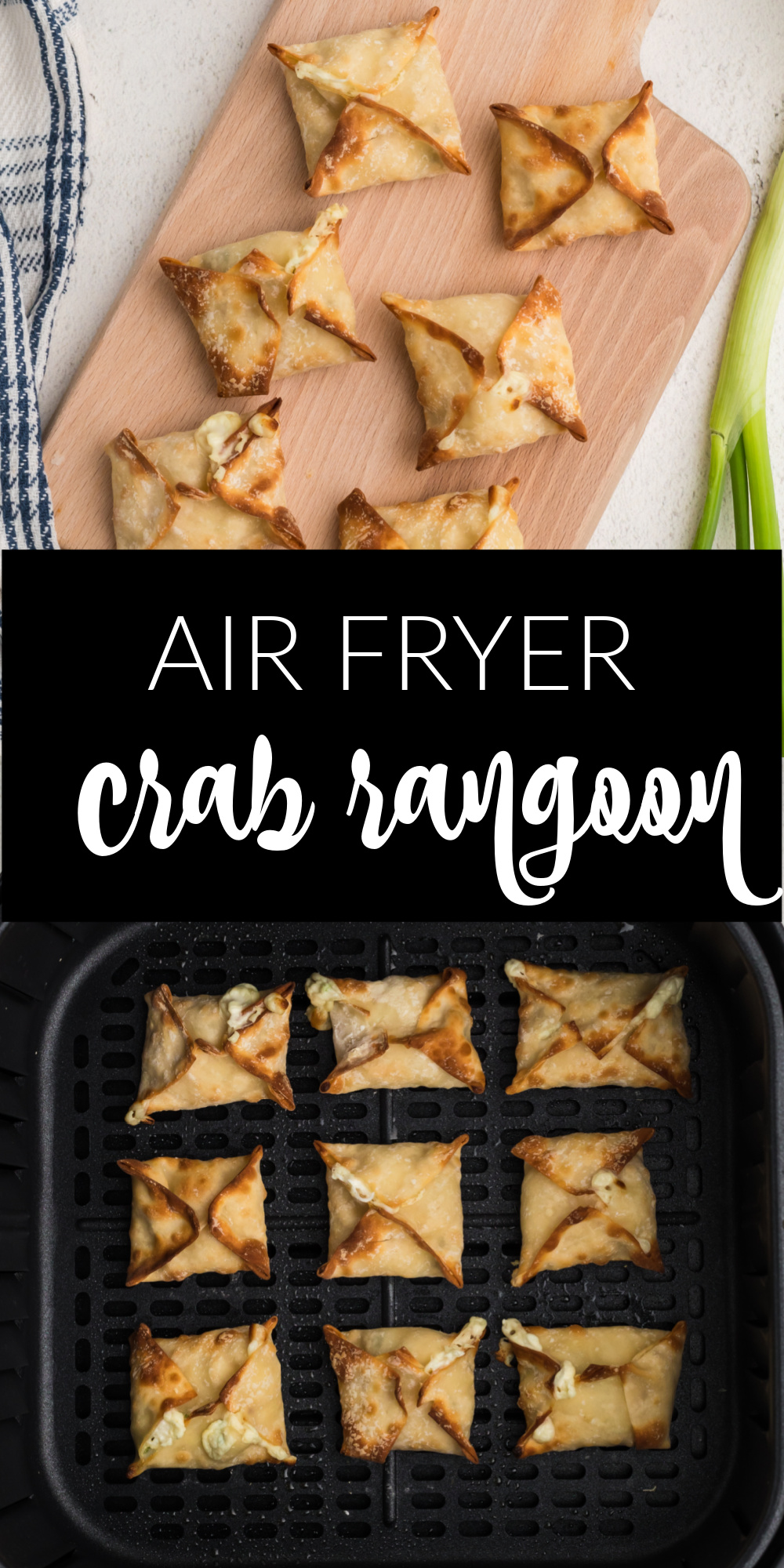 Creamy and delicious, these homemade air fryer crab rangoons have a rich, silky, cream cheese center full of lump crab meat and are seasoned with green onions, garlic, salt, and pepper. The crab filling is then encased in a wonton wrap that is air fried to a crisp golden brown with just the right amount of crunch. Perfect as an appetizer or as a dinner, these crab rangoons are so good they rival even the best Chinese restaurants!
