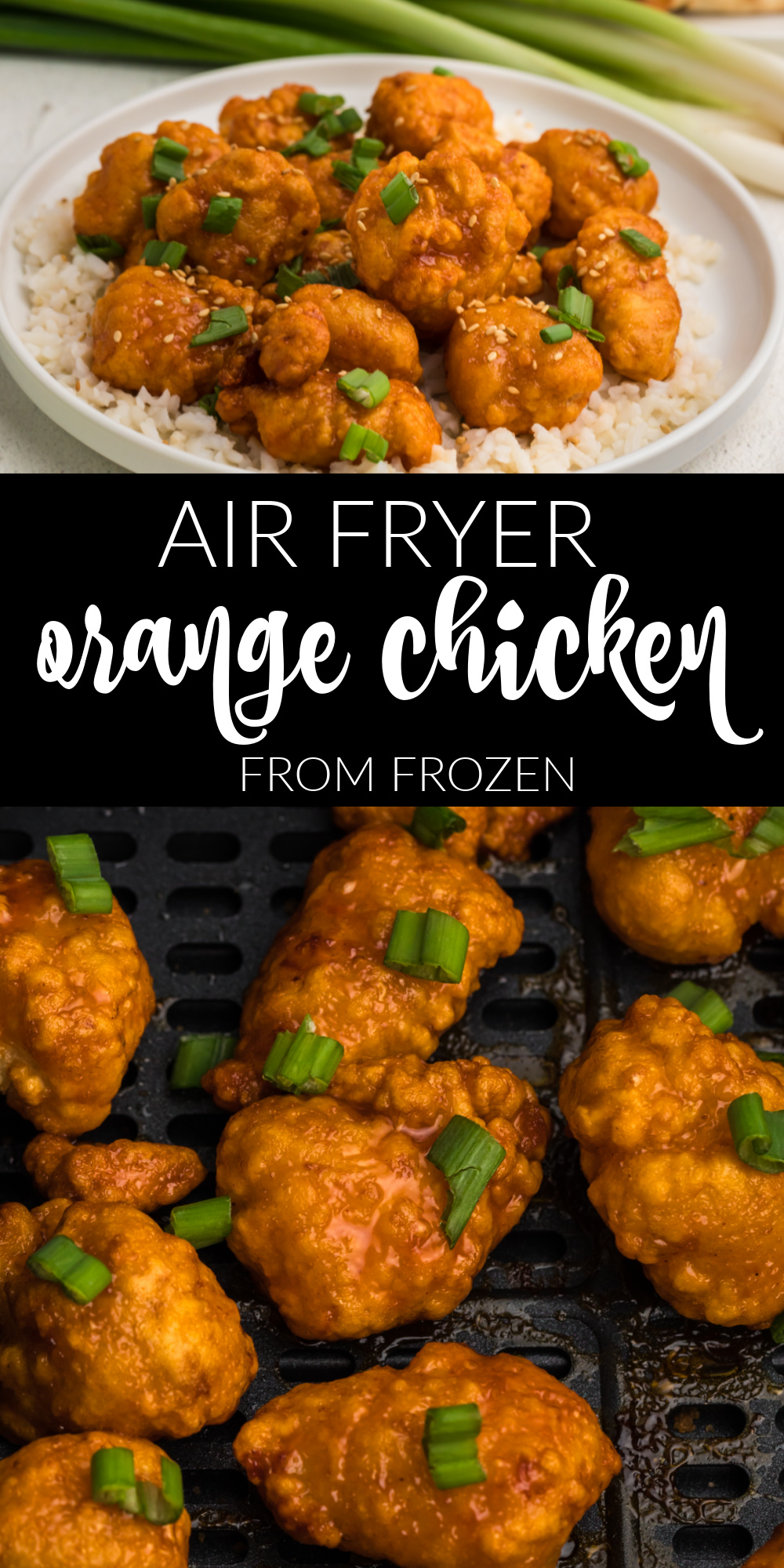 Air fryer frozen orange chicken perfect for weeknights just dump a bag of Innovasian orange chicken or your fav brand and it’s ready in no time! An easy air fryer recipe the whole family will enjoy!