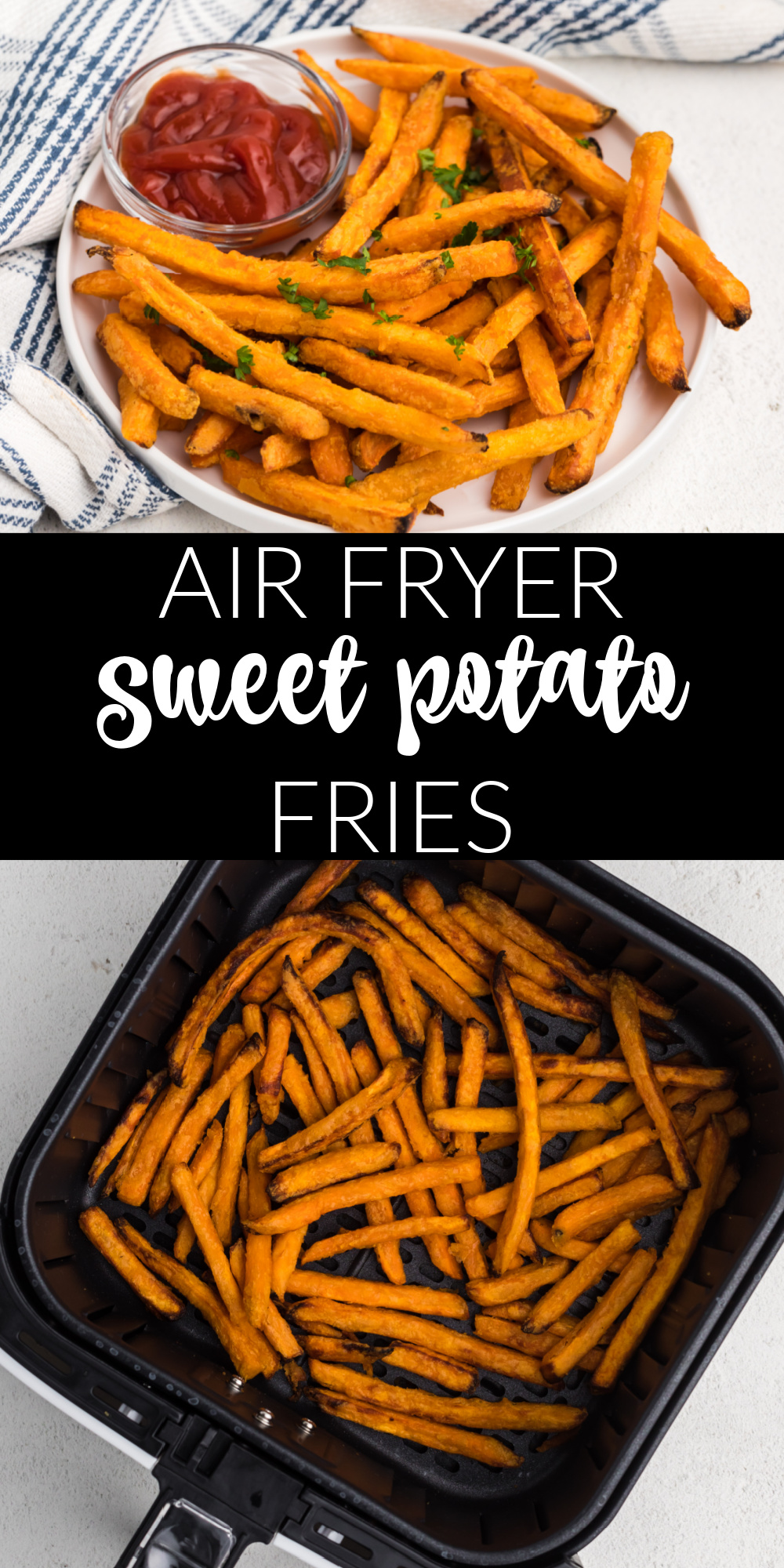 Crisp frozen sweet potato fries are possible with the use of an air fryer! In this recipe I use Ore-Ida, but you can use any brand you have on hand!