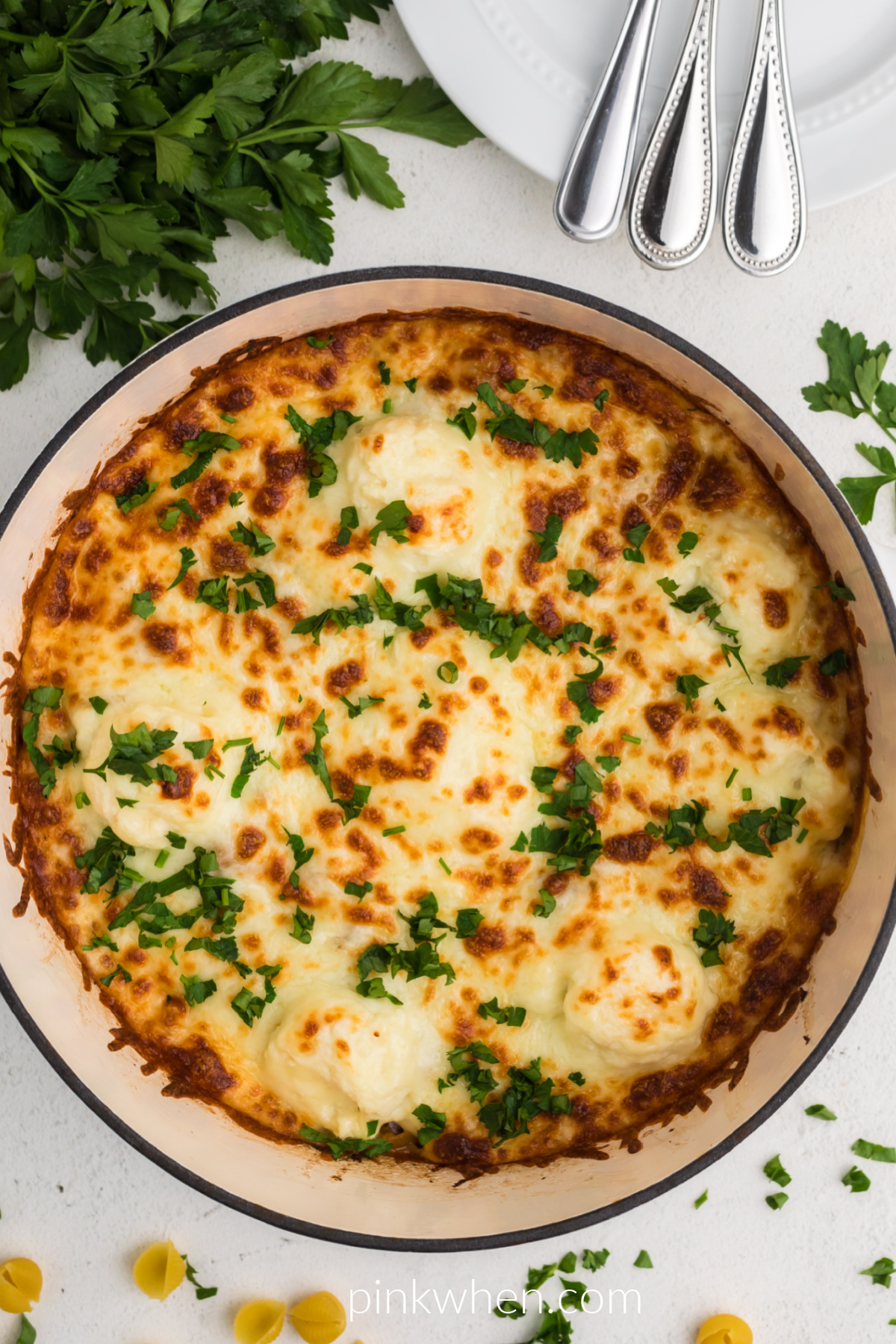 One pot lasagana topped with fresh parsley and ready to serve. 