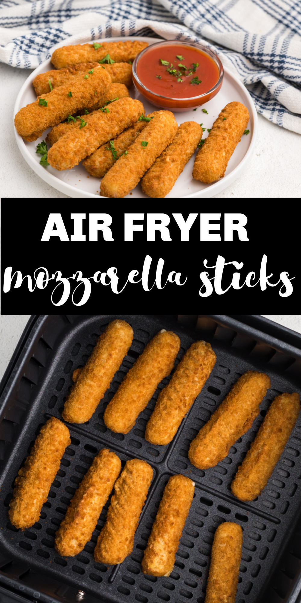 Frozen Mozzarella Sticks In the Air Fryer! You literally just need one ingredient and your air fryer appliance - that's it! This delicious appetizer can be a fast dinner recipe, too! It's seriously such an easy air fryer recipe.