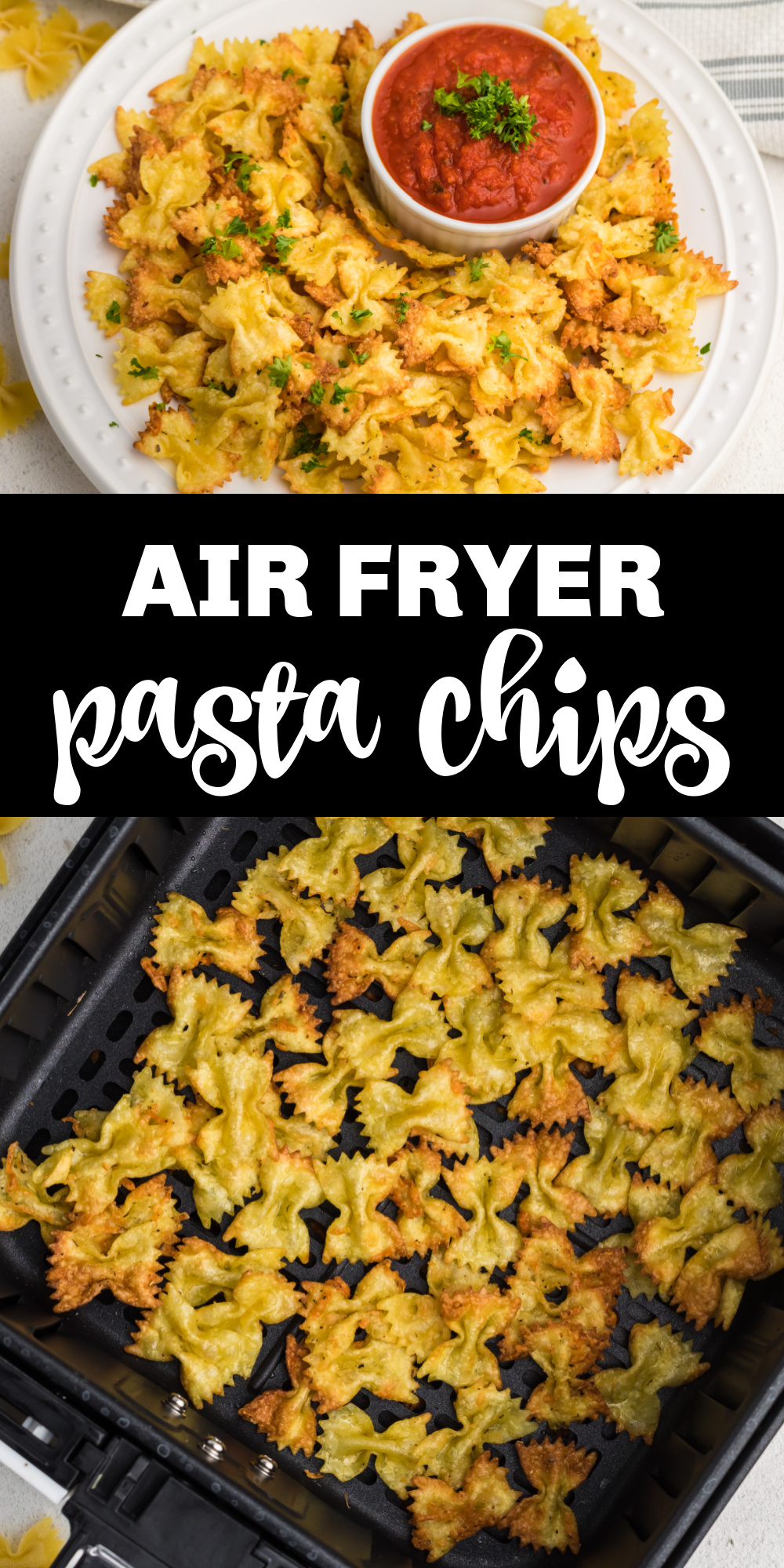 These bowtie air fryer pasta chips are the perfect snack for parties or just because! These crispy, crunchy, delicious baked pasta chips are the perfect combination of everything you love about finger food! Drain and toss cooked pasta with olive oil, yummy parmesan cheese, and Italian seasoning before air-frying until crisp. These pasta chips will quickly become one of your favorite snacks. Serve your chips with an array of dips, and you've got yourself a crowd-pleaser.