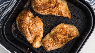 fully cooked and seasoned chicken breasts made from frozen in the air fryer.