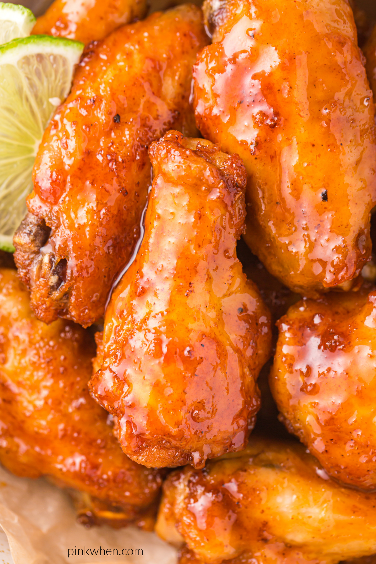 Close up photo of honey sriracha wings made in the air fryer. 