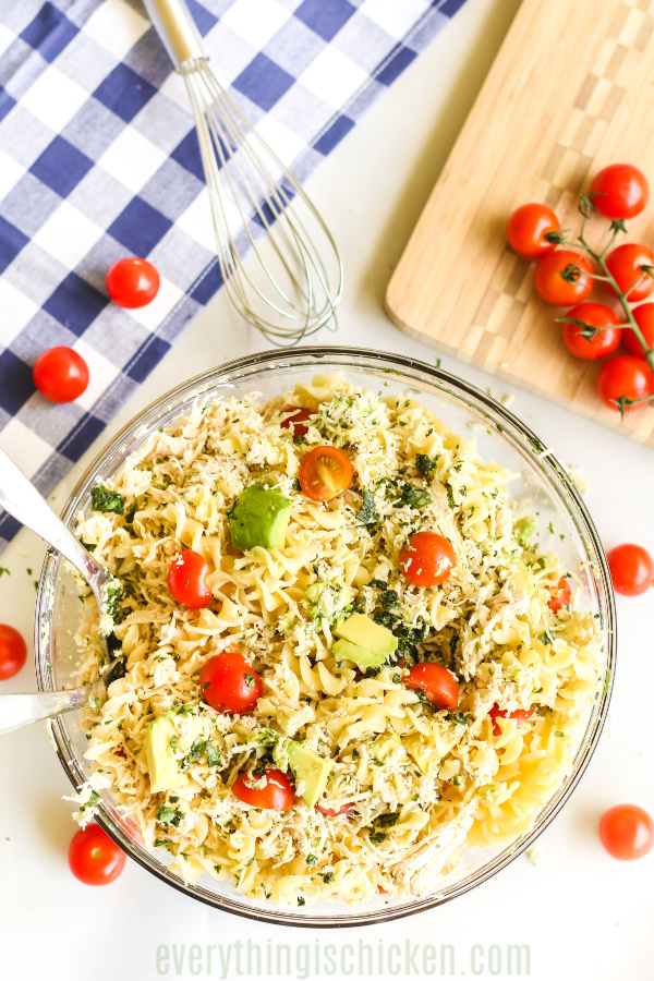 Overhead photo of Italian chicken pasta salad in a bowl. 