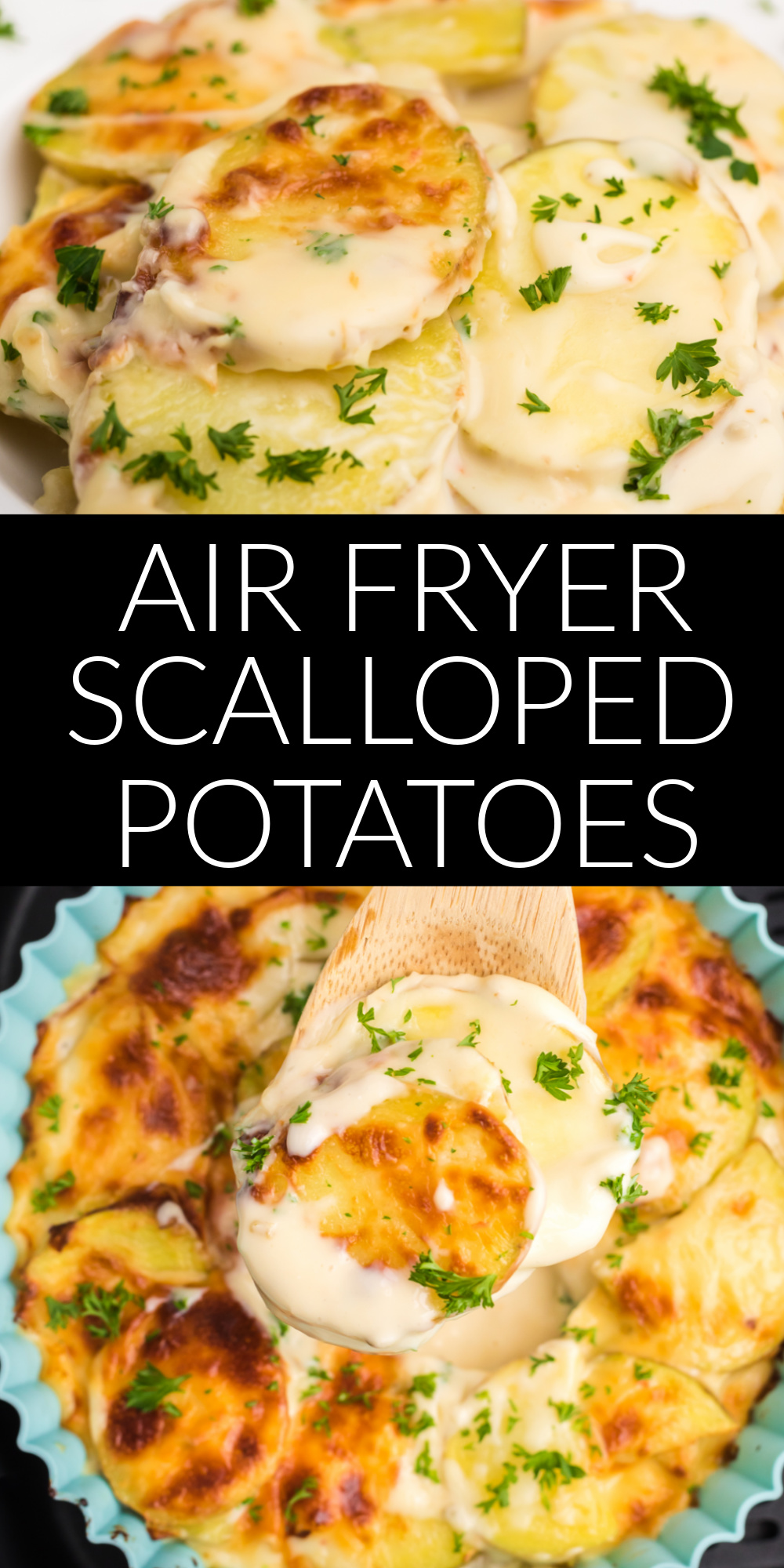 Air fryer scalloped potatoes are an easy, cheesy side dish. The flavors are amazing and this simple recipe is soon to be a family favorite.