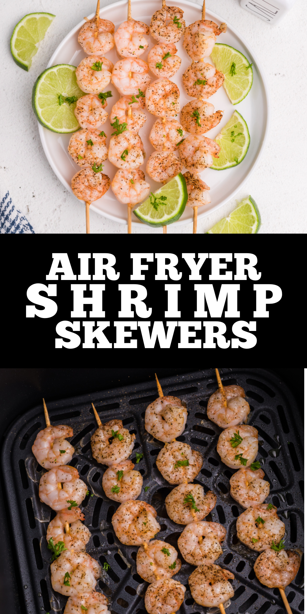 Air fryer shrimp skewers are so good! Lightly seasoned and tossed in the air fryer for a quick and easy snack, salad topper, or easy appetizer. If you're looking for a quick dish, this is it! 