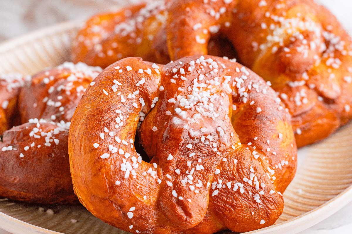Golden brown Auntie Anne's style cinnamon sugar topped pretzels.