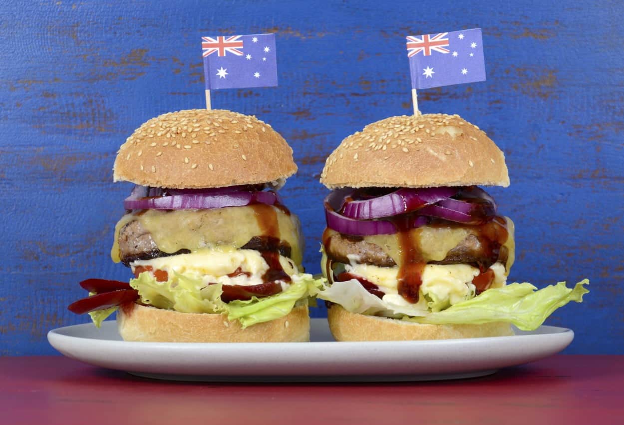 Australia’s Hamburger with Beetroot on a white plate.