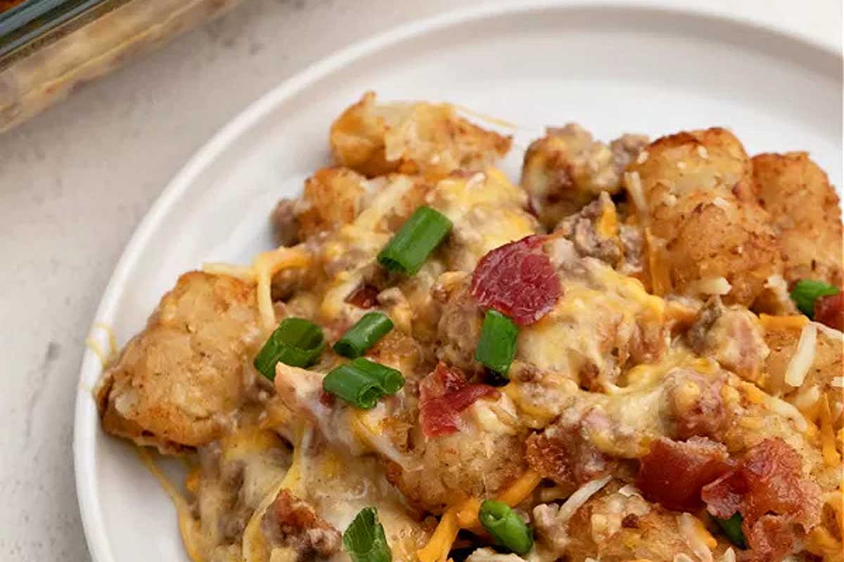 Colorful bacon cheeseburger tater tot casserole.