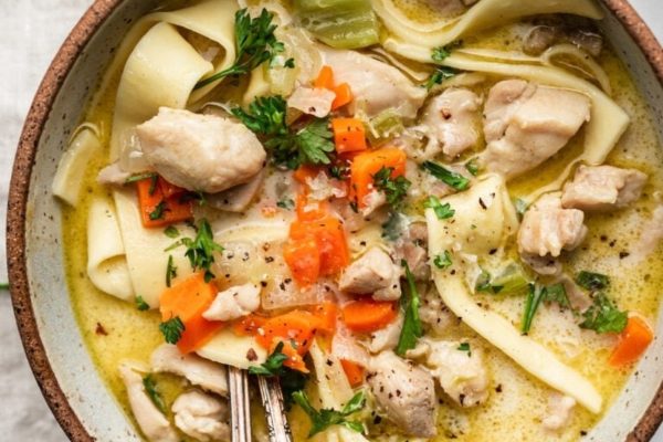 Creamy Chicken Noodle Soup Recipe in a bowl.