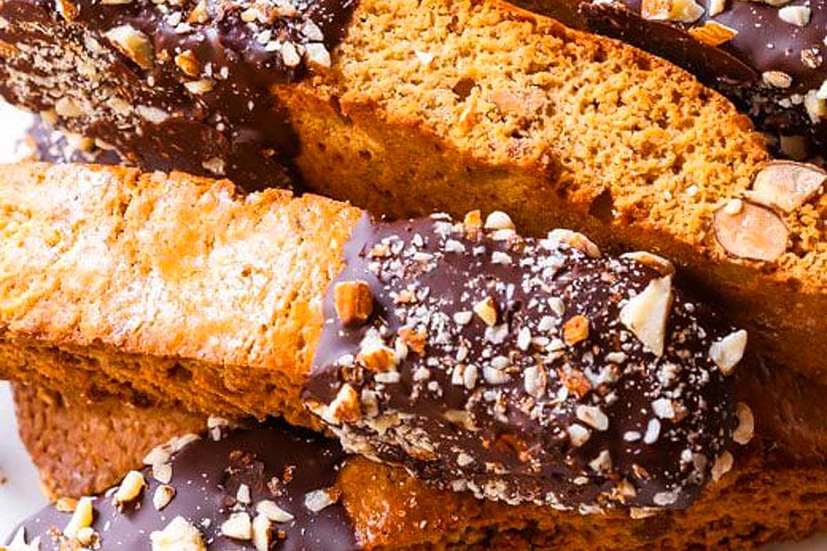 Chocolate dipped biscotti with nuts.