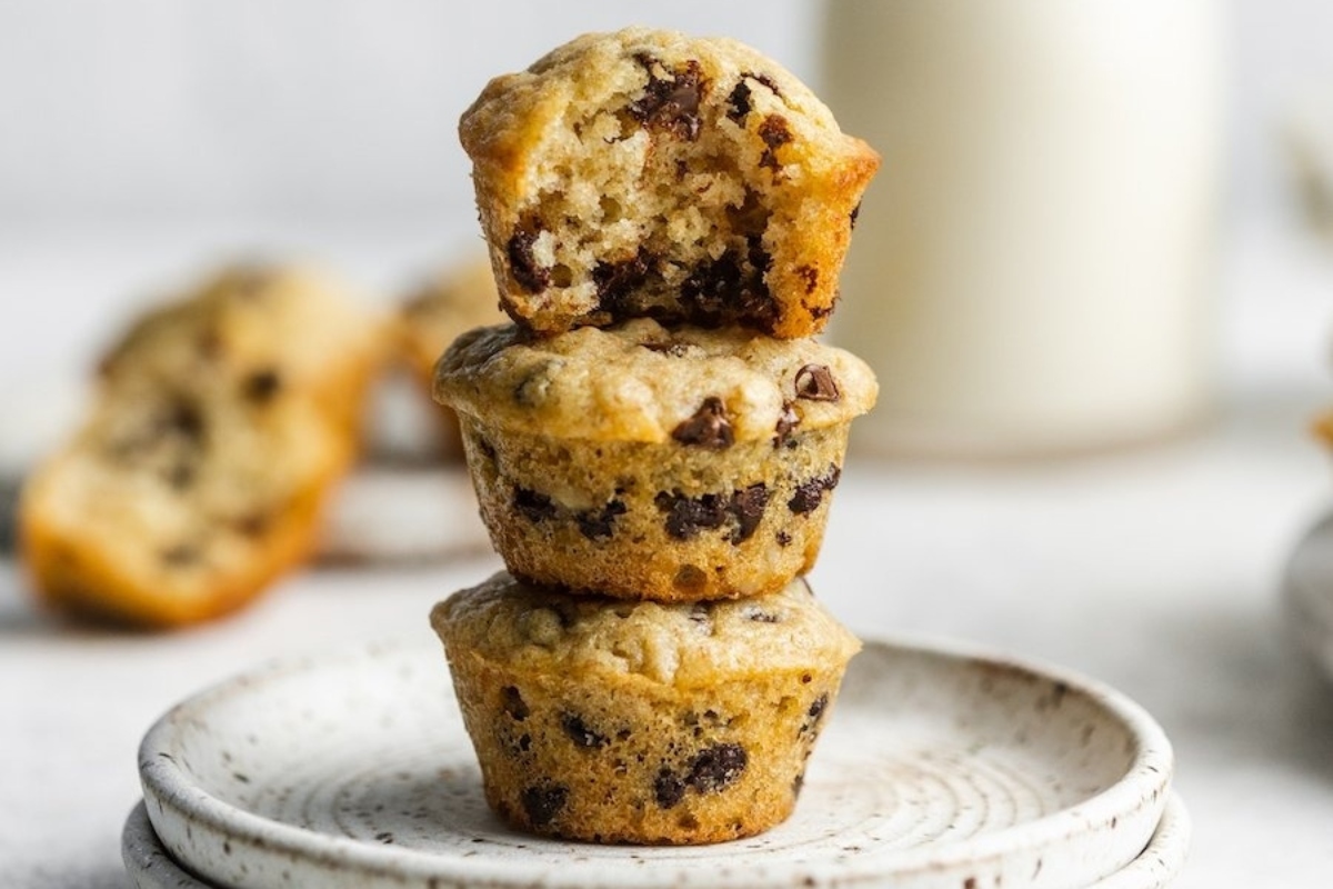 A stack of mini chocolate chip muffins.