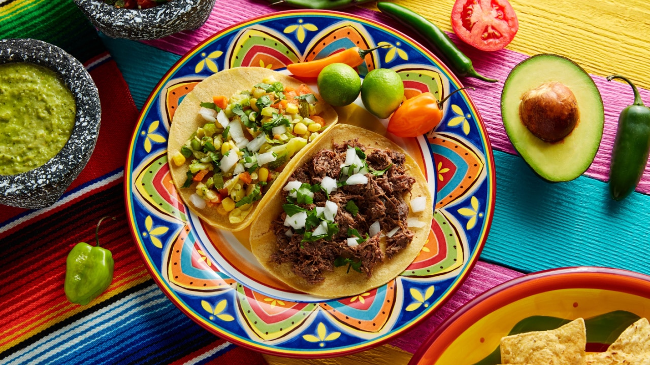 Mexican platillo tacos of barbacoa and vegetarian with sauces and colorful table