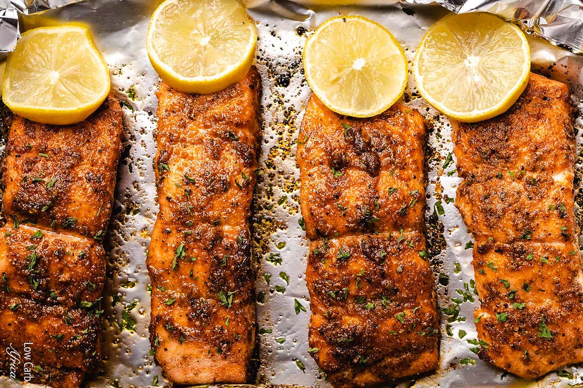 Baked salmon with a yummy glaze over top.