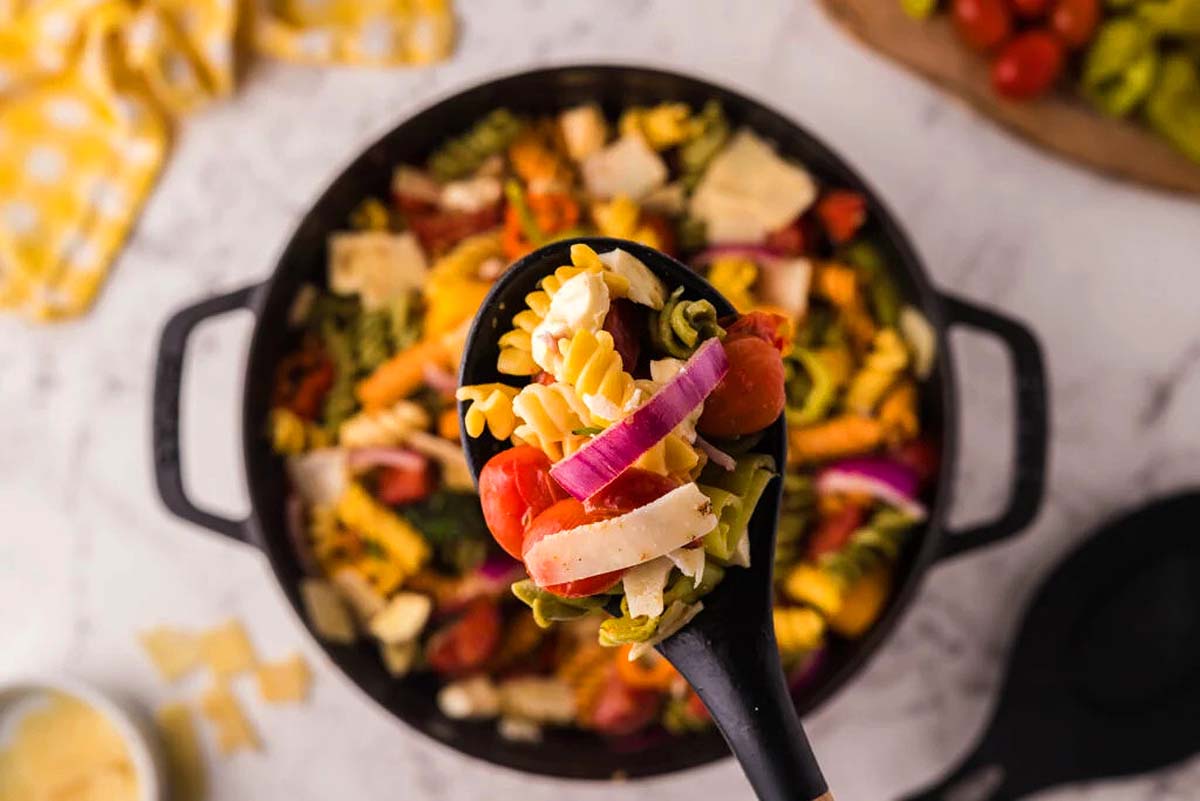 Smoked pasta salad in a Dutch oven. 