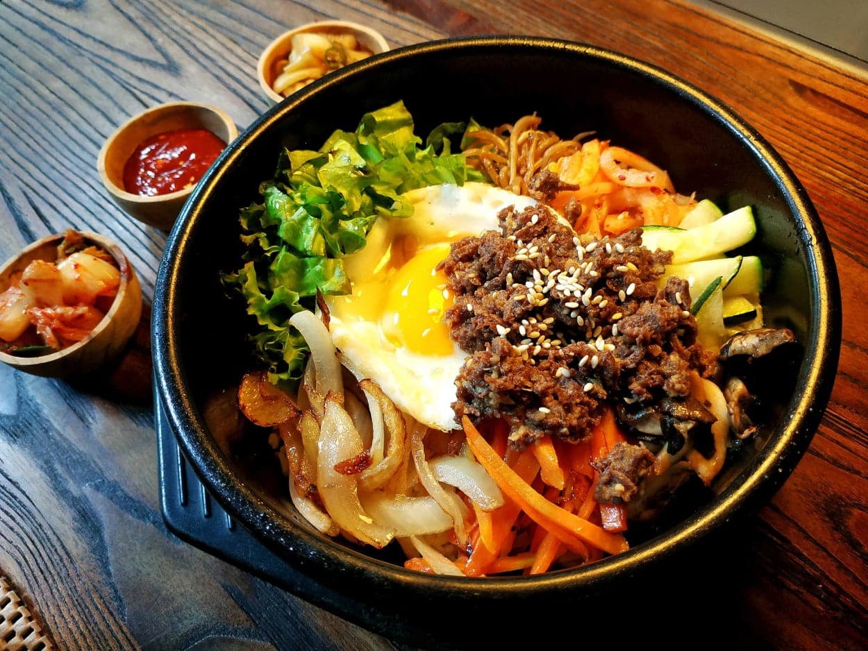 South Korea’s Bibimbab in a bowl on a table.
