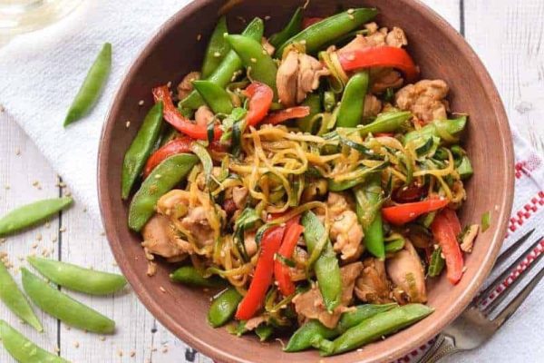Zucchini Noodle Stir Fry with Chicken and lots of vegetables.