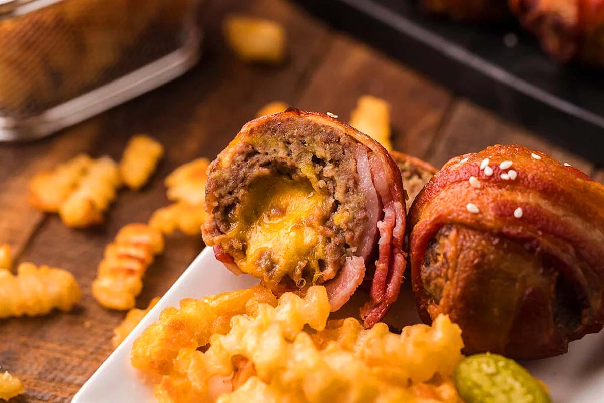 Cheese filled meatballs wrapped in bacon.
